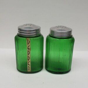 Owens Illinois Vintage Forest Green OVID 4 1/2 Inch Salt and Pepper Shakers Pair